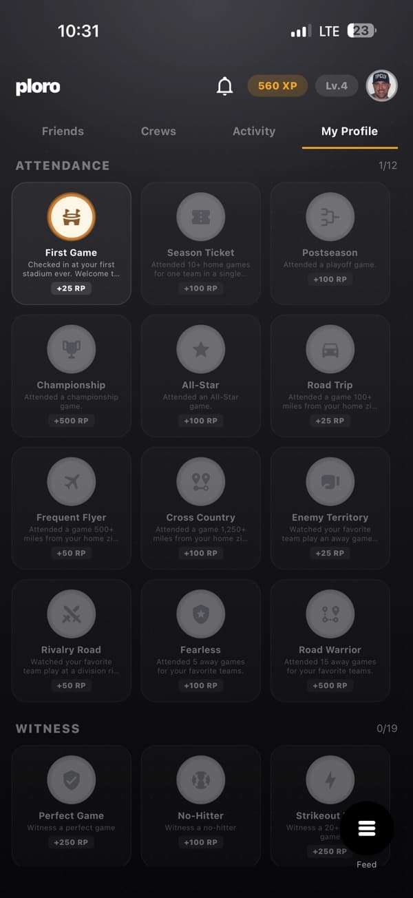 The ploro badge grid, with the First Game badge earned