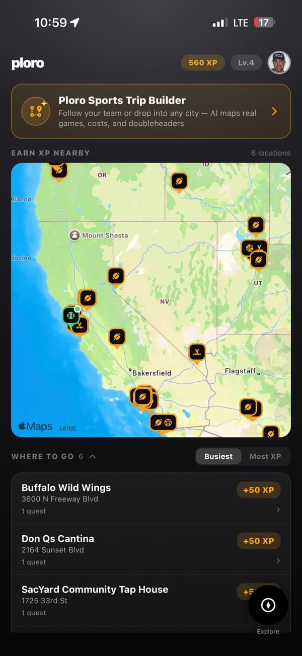 The ploro Explore map with stadium pins and nearby partner venues offering XP