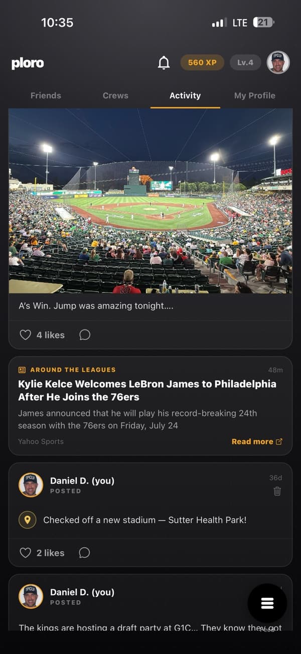 The ploro activity feed with a fan photo from the ballpark and a league news card