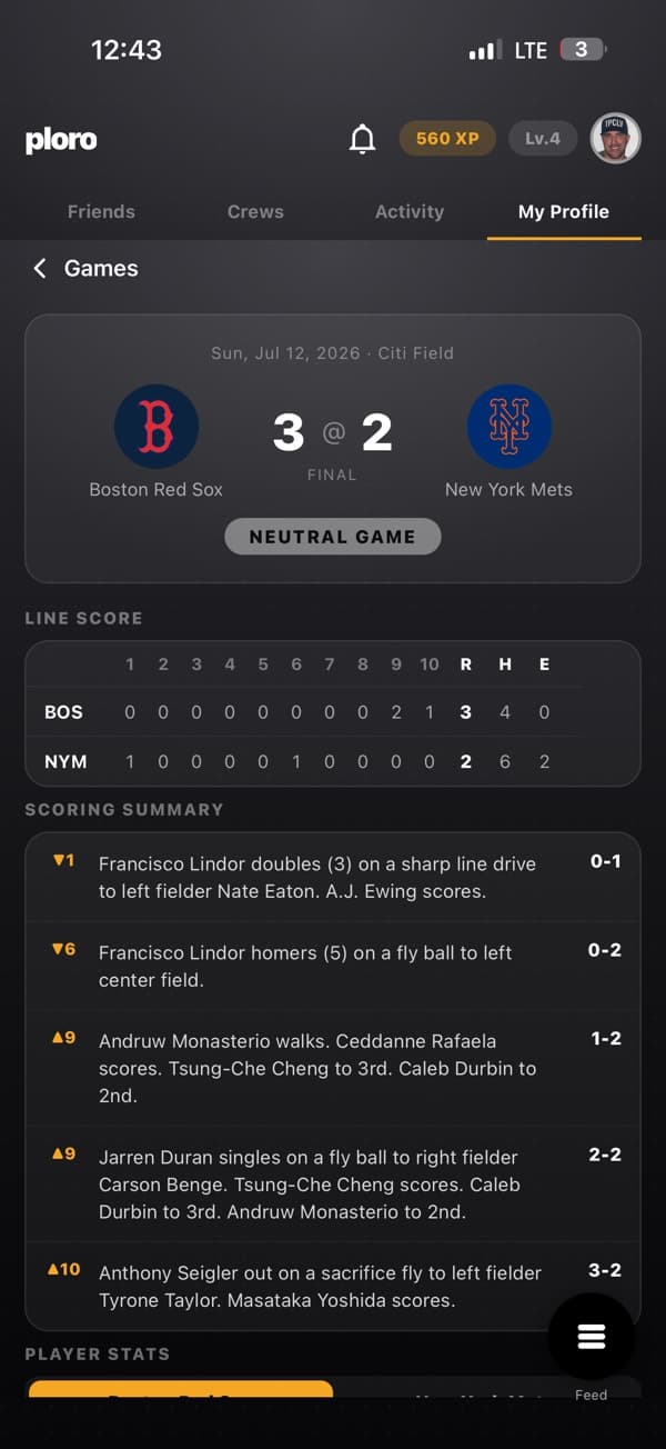 A ploro game page: Red Sox 3, Mets 2 final at Citi Field, with the line score and every scoring play