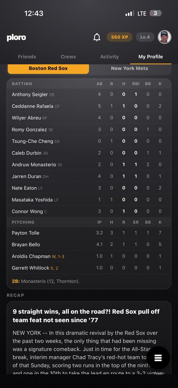 The same game page scrolled down: full box score and the written recap of the game